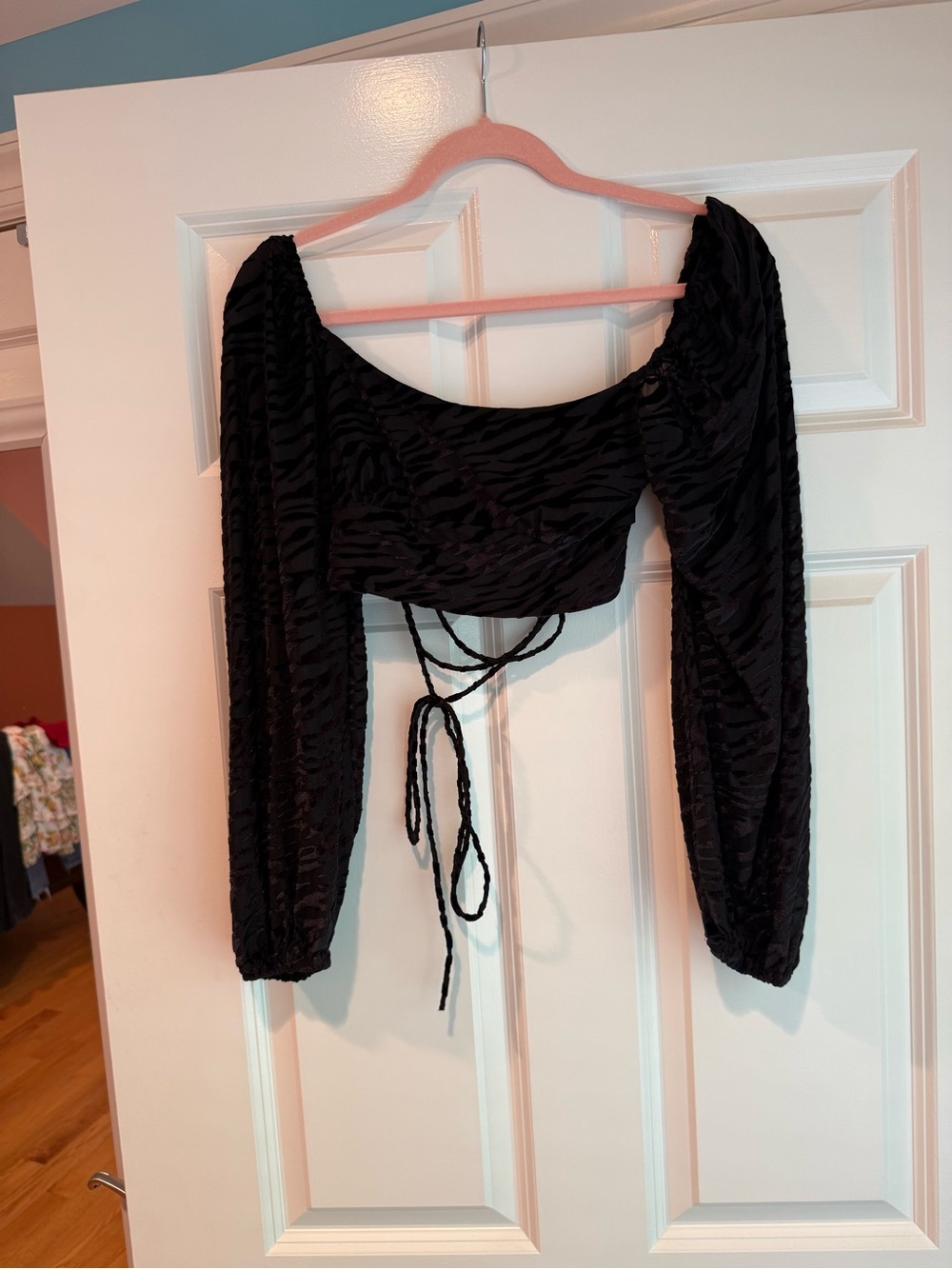 Black Long Sleeve with Black Suede Animal Print Crop Top with Lace Up Back